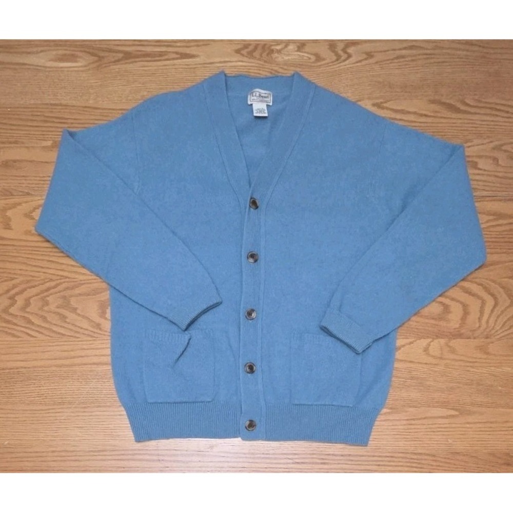 Vintage LL Bean Mens Cardigan Cashmere Wool Blend Blue Knit Medium Button